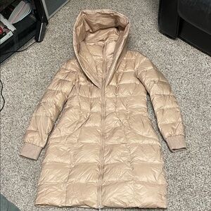 Guess Women's longer Beige Puffer Coat with oversized hood